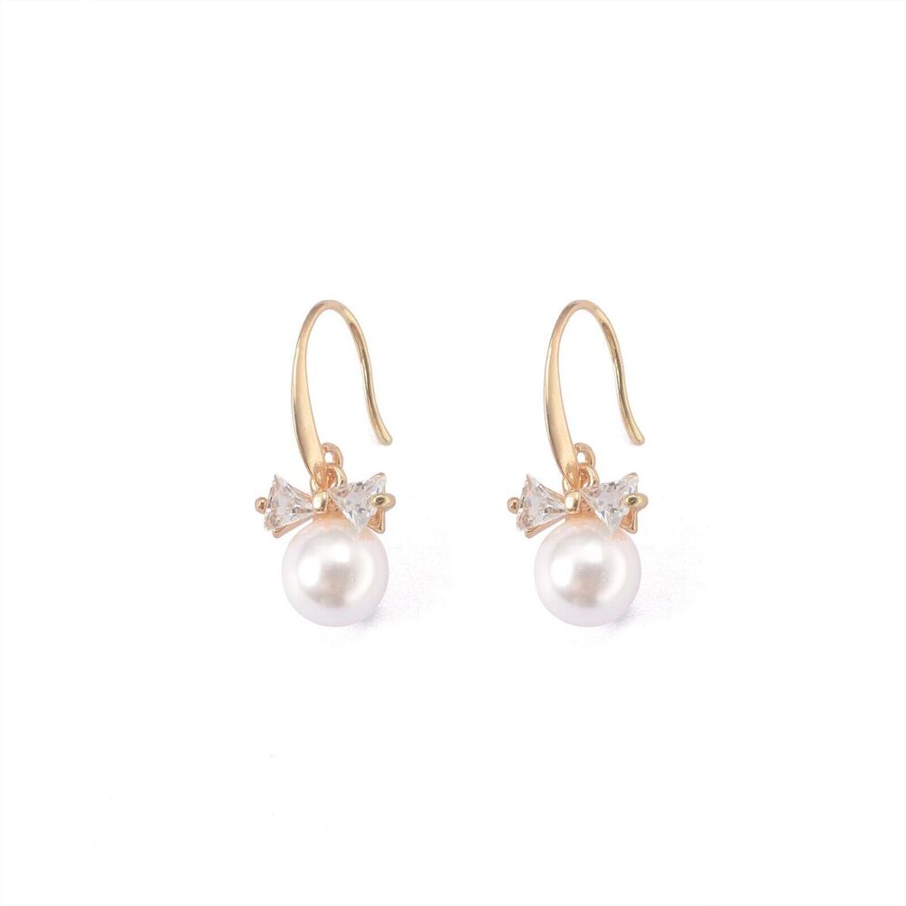White‎ Faux Pearl Flash Diamond Bow Earrings Dangly Elegant Boho Classic Chic - Picture 5 of 6
